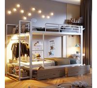 YAIXBNG Litera de 90 x 200 cm, marco de hierro, 2 cajones, varios estantes, barra de luz LED, con barra para colgar, colchón no incluido, color blanco