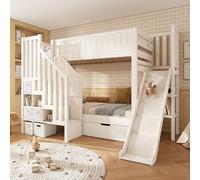YAIXBNG Litera infantil de 90 x 200 cm con tobogán, armario de escalera, cajones grandes y estante abierto, color blanco, somier de lamas, ideal para familias con varios niños, sin colchón
