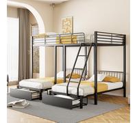 YAIXBNG Litera triple con cajones, marco de cama de metal, convertible en cama doble de 140 x 200 cm y 2 camas individuales de 90 x 200 cm, cama multifuncional de metal, color negro