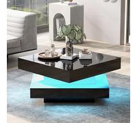 YAIXBNG Mesa de centro cuadrada de alto brillo negro con placa giratoria - Estilo tecno moderno con 16 luces LED, 70 x 70 x 36 cm, mesa giratoria de 360 grados