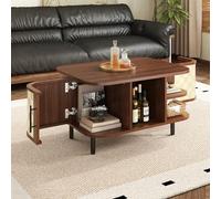 YAIXBNG Mesa de centro, mesa auxiliar, forma curvada, superficie trenzada, cuerpo de MDF, asas de metal, patas de metal, espacio de almacenamiento, mesa de salón