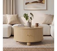 YAIXBNG Mesa de centro, mesa de café redonda, mesa de salón, estructura en relieve vertical envolvente, dos puertas correderas, cuerpo de MDF, asas de metal, patas de metal esféricas, cuatro