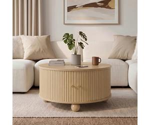 YAIXBNG Mesa de centro, mesa de café redonda, mesa de salón, estructura en relieve vertical envolvente, dos puertas correderas, cuerpo de MDF, asas de metal, patas de metal esféricas, cuatro