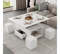 YAIXBNG Mesa de centro regulable en altura, mesa de sofá móvil, mesa de centro multifunción 4 en 1, convertible en mesa de salón comedor, mesa de centro con cajones, con 4 taburetes, color blanco