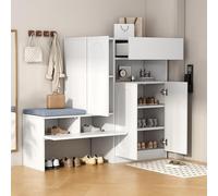 YAIXBNG Moderno zapatero 2 en 1 con puertas abovedadas, puerta plegable con función de cierre suave, compartimentos ajustables en altura y asiento acolchado, color blanco, 130 x 35 x 110 cm