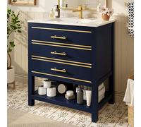 YAIXBNG Mueble de baño con lavabo de cerámica - Mueble de baño independiente con 2 cajones y compartimento abierto, tablero DM de alta calidad con lacado, asas doradas, sin grifo ni desagüe