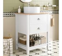 YAIXBNG Mueble de baño con lavabo redondo de cerámica, lavabo individual con 2 cajones y compartimento de almacenamiento abierto, mueble de baño de pie en color blanco y efecto madera