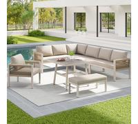YAIXBNG Sofá de jardín trenzado a mano en forma de L para hasta 8 personas/estructura de hierro resistente con tapicería beige/completo con mesa (vidrio imitación madera) y 1 sillón/muebles de terraza