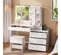 YAIXBNG Tocador grande con espejo LED, enchufe, 8 cajones y taburetes - tocador moderno con 2 estantes y 1 armario de cristal, gran espacio para dormitorio, color blanco, 131,5 x 40 x 140 cm