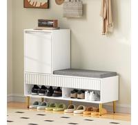 YAIXBNG Zapatero moderno con banco, 1 puerta, 2 cajones, 2 estantes abiertos, acolchado, color blanco, dimensiones: 100 x 35 x 90 cm (ancho x profundidad x alto)
