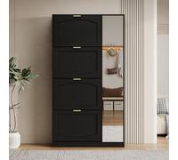 YAIXBNG Zapatero moderno con espejo, 4 compartimentos de almacenamiento plegables, estante ajustable detrás del espejo derecho, ideal para el pasillo, color negro, dimensiones: 80 x 147 x 24 cm
