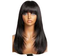 Yaki Peluca de cabello humano con flequillo, lisa, 3 x 1, sin pegamento, color negro natural, para mujer, añade volumen al cabello (8 pulgadas)