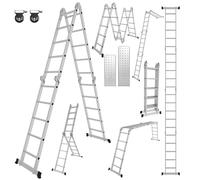 Yakimz Escalera multiusos 4 x 4 peldaños, 4,7 m, 7 en 1, de aluminio, hasta 150 kg, escalera multifunción con 2 ruedas de transporte y 2 plataformas, escalera plegable, escalera elevadora