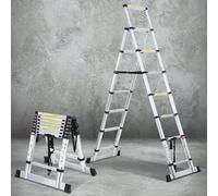 Yakimz Escalera telescópica plegable de 2 m + 2,3 m, escalera de aluminio de 6 + 7 peldaños, con barra de equilibrio y estabilizador triangular, escalera multiusos con marco A, carga máxima de 150 kg