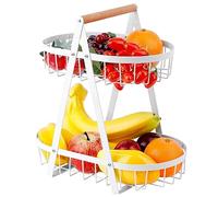 YAKLEE Frutero de 2Pisos Cesta Frutero Metalico Portátil de Cocina Modernos para Frutas y Verduras con Mango de Madera,Desmontable Canasta de Alambre Ovalada paraAlmacenamiento Bocadillos, Pan -Negro