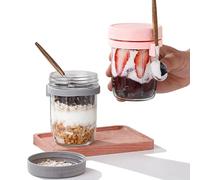 YAKLEE YAKLEE 2 Tarros de Avena con Tapas y Cucharas Overnight Oats Jar 400ml Recipiente de VidrioPortátil paraYogur con Marcas de Medida Tazas para Desayuno/Vaso de Cristal para Cereales/Leche/Fruta