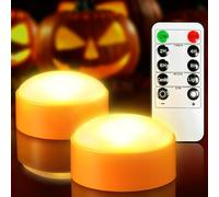 Yakpo Paquete de 2 luces LED de calabaza de Halloween con control remoto y temporizador, funciona con pilas, luz eléctrica parpadeante naranja de Halloween, vela sin llama para decoraciones de