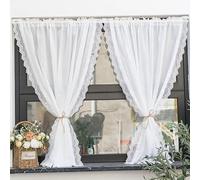 Yaland Cortina brise-bise de aspecto lino con borde ondulado delicado en encaje para cocina, salón, balcón, estilo casa de campo, 1 pieza, blanco, l x H 200 x 220 cm