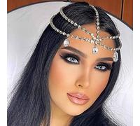 Yalice Cadena de cabeza en capas, joyería de cabeza de diamantes de imitación, tocado de novia brillante, diademas de cristal brillante, joyería de pelo para mujeres y niñas (dorado)