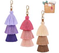 YaLiyA 3 Pieza Borla Bolso Encanto Llavero con Borlas de Colores para Mujer Boho Pompón Macramé Colgante de Bolsillo para Monedero Coche