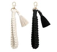YaLiyA Llavero de Macramé Bohemio Corto Pulsera Boho para Mujer - Cordón de Muñeca Trenzado con Borla Colgante - 2 Piezas