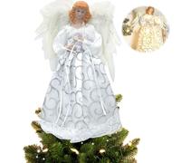 Yallmie 32cm Ángel Árbol de Navidad, Tela de Ángel de Navidad con LED Luz Angeles Figuras de Navidad, Control de la Batería Decoración de Árboles de Navidad para Decor Hogar y Fiestas (Plata-2)