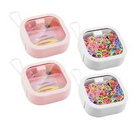 Yallmie 4 Piezas Caja Organizadora Gomas de Pelo, 9.5×9.5×3cm Organizador de Gomas de Pelo con Tapa y Cuerdas, Caja Pequeña para Hilo Dental, Anillos, Pastillas, Llaves, Joyas y Cuentas (Blanco+Rosa)