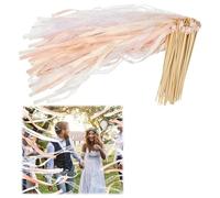 Yallmie 50 Piezas Varitas de Boda, Varitas de Cinta con 2 Campanas, Serpentinas de Cintas de Boda Palos, Magica Cinta Wedding Wands Varillas de Encaje para Cumpleaños, Navidad, Fiestas (Champán)
