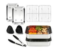 Yallmie Fuente de Acero Inoxidable para Airfryer, Accesorios Freidora de Aire Cosori con 2 Cuencos + 2 Parrillas, Pinzas y Guantes Compatible con Ninja AF300EU/AF400EU/AF451EU/AF500EU