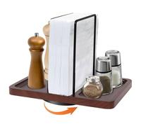 Yallmie Servilletero Giratorio 360°, 23.1x16.5x17cm Servilletero de Mesa Madera y Metal Napkin Holder Soporte Servilletas Verticalde con Caddy para Salero y Pimentero Dispensador de Servilletas