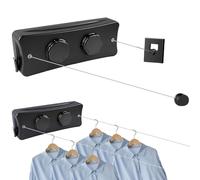 Yallmie Tendedero Cuerdas Retractil, 5,1m Tendedero Retractil Pared Exterior con 2 Cuerdas de Acero Inoxidable Tendeero Extensible de Pared para Balcón Exterior Lnterior Baño Hotel, Negro