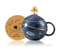 Yalucky Taza de astronauta kawaii Taza Planeta en relieve espacial Taza de café de cerámica linda Taza novedosa con tapa y cuchara para café, té y leche Regalo divertido cumpleaños (Azul oscuro)