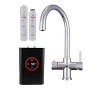 Yamataro Grifo de cocina 4 en 1, dispensador instantáneo de agua caliente con unidad de caldera y filtro, latón macizo, arco alto, boquilla giratoria de 360°, temperatura ajustable, aprobado por WRAS