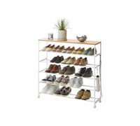 YAMAZAKI 1465 Tower Zapatero de 5 Niveles con Tapa de Madera y Ruedas, Blanco, Acero/Madera/Nailon, Minimalista, 90.5x26x87 cm