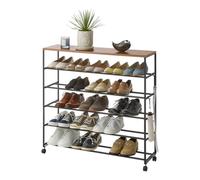 YAMAZAKI 1466 Tower Zapatero de 5 Niveles con Tapa de Madera y Ruedas, Negro, Acero/Madera/Nailon, Minimalista, 90.5x26x87 cm