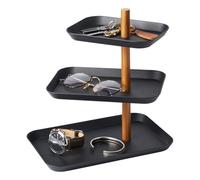 YAMAZAKI 1580 RIN 3~Tiered Accessory Stand with Rotatable Trays, black, Steel/Wood, 25 x 16 x 25.5 cm