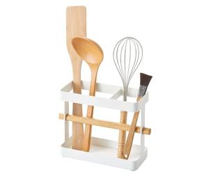 Yamazaki 3154 TOSCA Kitchen Tool Stand, white, Steel/Wood, 20 x 7.5 x 14.5 cm