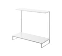 YAMAZAKI Este soporte eleva el monitor a una altura cómoda y ofrece espacio de almacenamiento en dos niveles. La repisa superior dispone de una ranura
