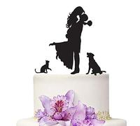 YAMI COCU Decoración para tarta de boda novia y novio con perro y gato animal silueta negra para boda, fiesta de compromiso, decoración de amor