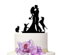 YAMI COCU Decoración para tartas de boda novia y novio con 2 gatos y perros de color negro, silueta acrílica para decoración de bodas, fiestas de compromiso