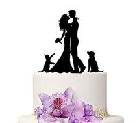 YAMI COCU Decoración para tartas de boda novia y novio con gato y perro animal color negro, silueta acrílica para decoración de bodas, fiestas de compromiso