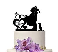 YAMI COCU Mr And Mrs - Decoración para tartas de boda para novia y novio con perro, color negro, diseño de corazón, acrílico, decoración de boda, fiesta de compromiso