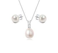 YAMI Juego de joyas de perlas para mujer, 9,5 - 11 mm, collar de perlas de agua dulce y agua salada y pendientes de perlas de 8 a 8,5 mm, pendientes de perlas de plata 925, ideal para regalos