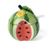 YAMKNICE Azucarero de cerámica con forma de fruta pintado a mano, tarro para especias, tarro para condimentos con tapa y cuchara, tarro para sal con forma de fruta de cerámica (Sandía)