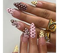 Yamobi Polka Dot Press on Nails - Medium Almond Fake Nails, 3D Flower French Tip, Full Cover Glossy Glue on Nails, Loop Soft Gel Press on Nails, Nail Artificial, 24pcs