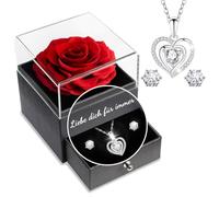 Yamonic Rosa Eterna con Juego de Joyas Brillantes,Regalo Cumpleaños Mujer, Rosa Eterna Natural Preservada, Te Amo para Siempre en Alemán, Regalo de San Valentín para Ella,Rosa Real