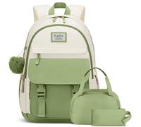 YAMTION Mochila escolar de 3 piezas para adolescentes y mujeres, juegos de mochila Kawaii con bolsa de almuerzo y estuche para lápices para la escuela, Verde beige, 15.6 inch, Casual