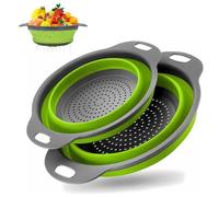 YanBous Set de 2 Coladores Plegables de Silicona, Colador de Cocina con Mango, Escurridor para Frutas y Verduras, Ahorro de Espacio, Ideal para Camping y Cocina, 30 cm y 25 cm (Verde)