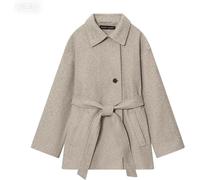 Yancremio Abrigo De Mezcla De Lana De Un Solo Pecho Con Solapa Clásica Retro Elegante Para Mujer Primavera Y Otoño Tendencia De Moda Color Sólido Abrigo Informal De Negocios Con Cinturón (Caqui,XS)