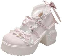 Yancremio Zapatos Lolita para Mujer, Estilo Kawaii con Lazo Y2K Tiras Cruzadas Tacón Ancho Estilo Mary Jane Ideales para Cosplay Fiestas Y Uso Diario (Rosa,42)